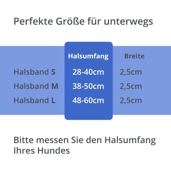Größentabelle für Hundehalsbänder: S (28-40cm), M (38-50cm), L (48-60cm), alle 2,5cm breit. Der Text empfiehlt, den Halsumfang des Hundes zu messen.