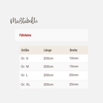 Größentabelle für Hundeleinen mit den Größen S bis XL, alle 200 cm lang mit Breiten von 10 mm bis 25 mm.
