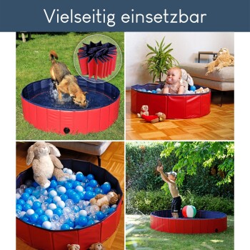 Ein rotes faltbares Haustierbecken wird gezeigt, mit einem Hund, der spritzt, Kindern, die spielen, und dem Text "Vielseitig einsetzbar" darüber.
