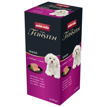 Eine Tierfutterbox mit der Aufschrift "animonda vom Feinsten Senior", die einen weißen Hund auf der Vorderseite zeigt, mit Text, der angibt, dass sie Geflügel und Lamm enthält.