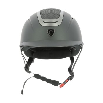 Ein eleganter schwarzer Reithelm mit einer strukturierten Oberseite und verstellbarem Kinnriemen, entworfen für die Sicherheit im Reitsport.