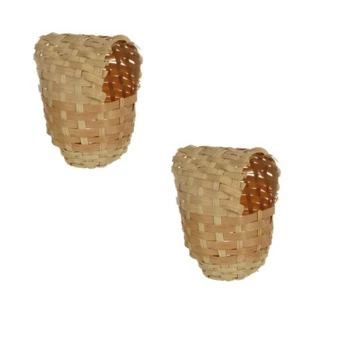 Two woven wicker pet baskets, one slightly tilted, showcasing a natural bamboo finish and open top design.