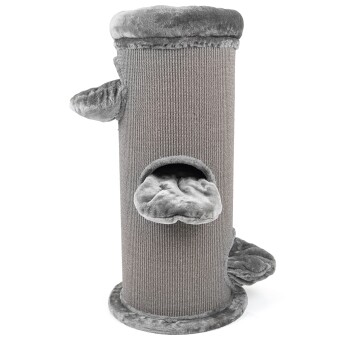 Grau katzenbaum mit zylindrischem Design, mit einem plüschigen Oberteil, einem gemütlichen Eingang und weichen Seitenplattformen zum Klettern.