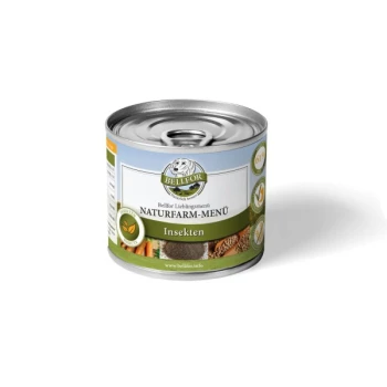 Dosenfutter für Haustiere, beschriftet mit "Bellfor Lieblingsmenü Naturfarm-Menü Insekten," mit einem grünen und blauen Design, einem Logo und Nährwertsymbolen.