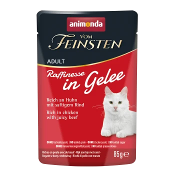 Pochette de nourriture pour chat adulte Animonda Vom Feinsten, riche en poulet avec bœuf juteux, sans céréales ajoutées, sucre ni conservateurs, 85g, avec image de chat blanc.