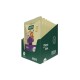 Grünes Petfood-Pâté-Beutel für Katzen mit Ente – Illustration einer Frau mit einer Katze; sichtbarer Text „Pâté“, „mit Ente“, „Gute Verdauung“.