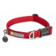 Rotes Hundehalsband mit einer Metallschnalle und einem Anhänger, mit dem "RUFFWEAR"-Logo und einer Hundillustration.