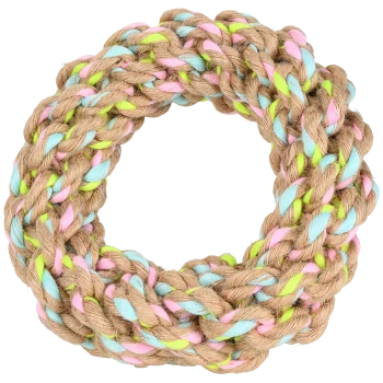 Colorful braided rope toy for pets, featuring pink, blue, and green strands, shaped like a circular ring.