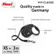 Black Flexi retractable dog leash with ergonomic grip, sturdy tape, and comfortable braking system, labeled for XS dogs up to 12 kg, 3m tape.