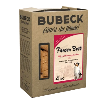 Boîte en carton marron de friandises pour chiens étiquetée 'Bubeck Pansen Brot', avec une image de chien, un poids de 4 kg, et un texte en allemand.
