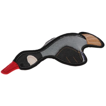 Stoff-Hundespielzeug in Form einer schwarz-grauen Ente mit rotem Schnabel und gestickten Details.