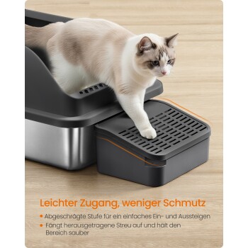 Weiß-braune Katze auf grauer Katzentoilette mit gerastertem Tritt; sichtbarer Text: 'Leichter Zugang, weniger Schmutz' und deutsche Aufzählungspunkte.