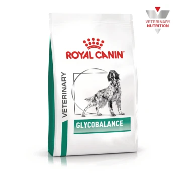Trockenfutter Hund, Adult, Glycobalance 1,5 kg Royal Canin Veterinary Glycobalance Hundefuttertüte mit Hundeillustration und Logo 'Veterinary Nutrition'.