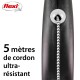 Laisse rétractable pour chien Flexi avec un cordon ultra-résistant de 5 mètres, avec une poignée noire et un cordon tressé noir et blanc.