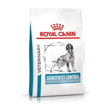 Veterinary Sensitivity Control 7 kg Royal Canin Veterinary Sensitivity Control Hundefutterbeutel mit einer schwarz-weißen Hundillustration und rotem Kronenlogo.