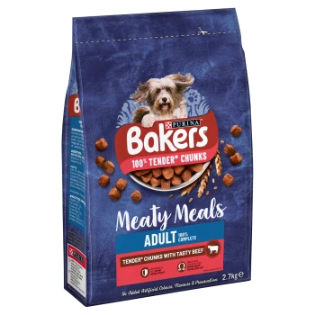 Meaty Meals Adult Beef 2.7 kg Bakers Meaty Meals dog food bag featuring a small dog on the front, labeled "100% Tender* Chunks" and "Adult 100% Complete," 2.7 kg.
