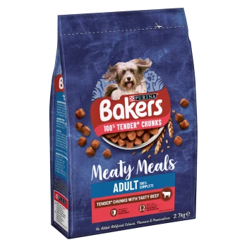 Bakers Meaty Meals dog food bag featuring a small dog on the front, labeled "100% Tender* Chunks" and "Adult 100% Complete," 2.7 kg.