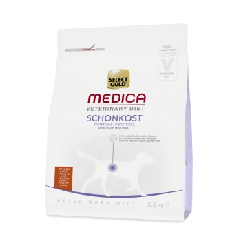 Weißer Beutel mit Select Gold Medica Veterinärdiät-Hundefutter, beschriftet mit 'Schonkost' für die gastrointestinalen Gesundheit, 2,5 kg.