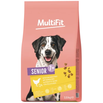 MultiFit Senior Hundefutterbeutel, rosa, mit lächelndem schwarz-weißem Hund, Aufschrift 'Senior 7+', 'mit Huhn & Reis', 2,5 kg