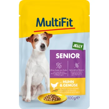 MultiFit Senior Haustierfutterbeutel mit Huhn und Gemüse, mit einer Portionsgröße von 100 g, beschriftet mit "Gelee" und "Ohne Zusatz von Zucker."