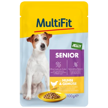 Pochette de nourriture pour animaux MultiFit Senior avec du poulet et des légumes, avec une taille de portion de 100g, étiquetée "Gelée" et "Sans ajout de sucre."
