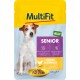 MultiFit Senior Haustierfutterbeutel mit Huhn und Gemüse, mit einer Portionsgröße von 100 g, beschriftet mit "Gelee" und "Ohne Zusatz von Zucker."