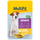 Pochette de nourriture pour animaux MultiFit Senior avec du poulet et des légumes, avec une taille de portion de 100g, étiquetée "Gelée" et "Sans ajout de sucre."
