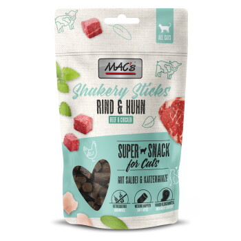 MAC's Shakery Sticks Katzensnack-Beutel, Rind & Huhn, Herzfenster zeigt dunkle Bissen, 'Super Snack für Katzen'.