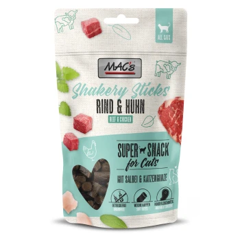 MAC's Shakery Sticks Katzensnack-Beutel, Rind & Huhn, Herzfenster zeigt dunkle Bissen, 'Super Snack für Katzen'.