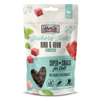 MAC's Shakery Sticks Katzensnack-Beutel, Rind & Huhn, Herzfenster zeigt dunkle Bissen, 'Super Snack für Katzen'.