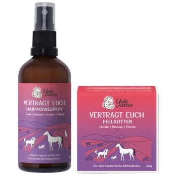 Yuki cares Harmony Spray und Fellbutter, mit einem pfotenförmigen Balsam, der eine harmonische Atmosphäre für Haustiere fördert.