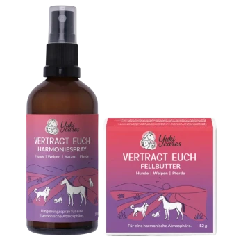 Yuki cares Harmony Spray und Fellbutter, mit einem pfotenförmigen Balsam, der eine harmonische Atmosphäre für Haustiere fördert.