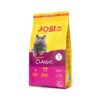 JosiCat Sterilised Classic Katzenfutterbeutel für erwachsene Katzen, 1,9 kg, gelbe und lila Verpackung mit grauem Katzenbild und deutschem Qualitätssiegel.