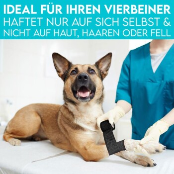 Ein glücklicher Hund auf einem Tisch mit einem schwarzen Verband an seiner Pfote, während eine Person mit Handschuhen ihn anlegt. Text darüber bewirbt die Eigenschaften des Verbandes.