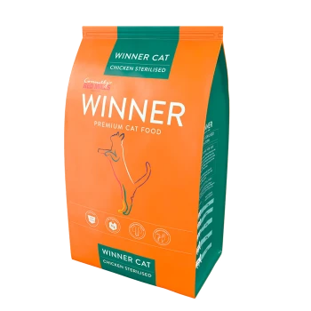 Orange bag of "Winner Cat" premium cat food, featuring a silhouette of a cat, labeled "Chicken Sterilised" and "Winner."