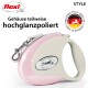 Eine pinkfarbene und weiße, flexibler, zurückziehbarer Hundeleine mit glänzender Oberfläche, die das Logo "flexi" und den Text "Made in Germany Since 1973" zeigt.