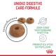 Huisdiervoedselbrok met een gat in het midden, gelabeld 'UNIEKE DIGESTIVE CARE-FORMULE,' met de nadruk op verteerbare eiwitten en prebiotica.