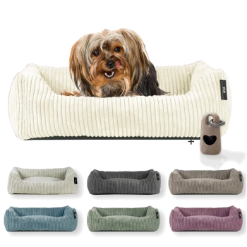 Ein cremefarbener, gerippter Hundebett mit einem Herzanhänger, umgeben von sechs bunten Betten in Grau, Teal, Grün, Mauve und Beige.