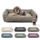 Ein brauner Dackel mit einem grünen Halstuch liegt auf einem gemütlichen Hundebett, umgeben von cremefarbenen, grauen, teal, grünen und lila Optionen, plus einem beigen Herzaccessoire.