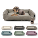 Ein brauner Dackel mit einem grünen Halstuch liegt auf einem gemütlichen Hundebett, umgeben von cremefarbenen, grauen, teal, grünen und lila Optionen, plus einem beigen Herzaccessoire.