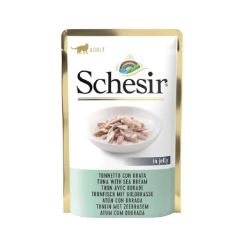 Adult 12x85g Thunfisch mit Goldbrasse Schesir Katzenfutter für Erwachsene in Beuteln mit Thunfisch und Meerbrasse in Gelee, mit einer Schüssel Futter auf der Vorderseite und mehrsprachigem Text.
