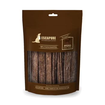 Emballage brun de friandises pour chiens ESCAPURE avec des bâtonnets de viande de cheval, étiqueté "98% Fleischanteil" et "Stangerl Pferd."