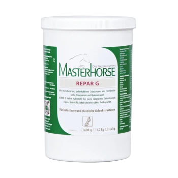 Weißer Behälter von MasterHorse Repar G, einem Gelenkergänzungsmittel für Pferde, mit grüner und weißer Kennzeichnung, die Zutaten und Anwendungshinweise enthält.