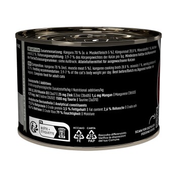 Dose Katzenfutter mit Känguru (70 %) und Kängurubrühe (28,8 %), Nährwertangaben, Fütterungshinweisen und Recycling-Symbolen.