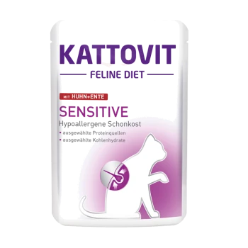 Kattovit Feline Diet Sensitive Katzenfutterbeutel, mit Huhn und Ente, als hypoallergen gekennzeichnet mit ausgewählten Proteinquellen.
