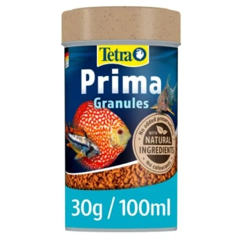 Tetra Prima Granules fish food container, 30g/100ml, with natural ingredients, no preservatives or colorants.