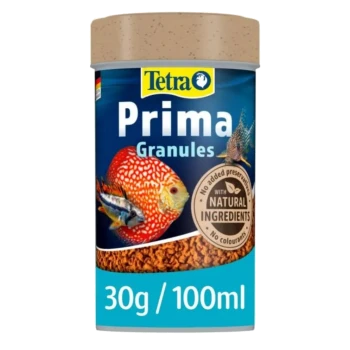Tetra Prima Granules fish food container, 30g/100ml, with natural ingredients, no preservatives or colorants.