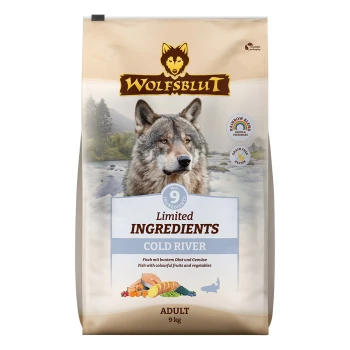 Wolfsblut Cold River Hundefutter-Tüte, 9 kg, mit einem Wolf-Logo, "Limited Ingredients"-Label und Bildern von Fisch, Früchten und Gemüse.