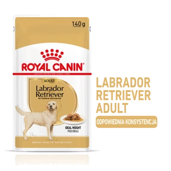 Opakowanie karmy dla psów Royal Canin Labrador Retriever Adult, 140g, z ilustracją złotego labradora i napisem "Idealna waga".