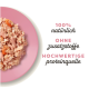 Ein pinker Teller mit zerkleinertem Fleisch und Garnelen, mit Text: "100% natürlich," "OHNE Zusatzstoffe," und "HOCHWERTIGE Proteinquelle."